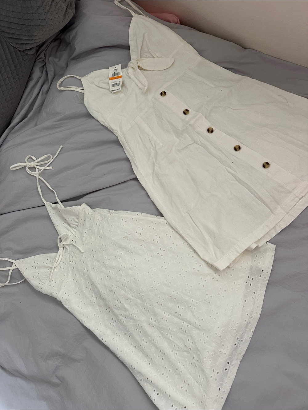 H&M White Eyelet & Linen-Blend Mini Dresses - Twin Pack